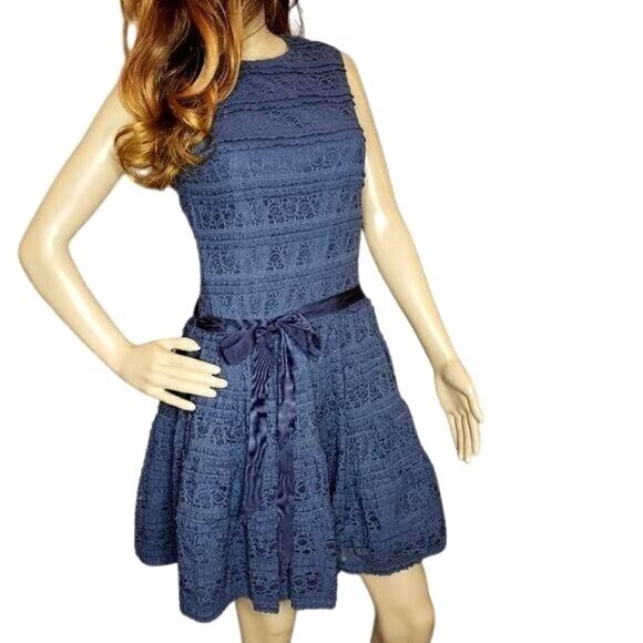Zara Basic navy blue Women’s sleeveless Lace Dress With ribbon Bow Tie Waist S - Picture 1 of 9